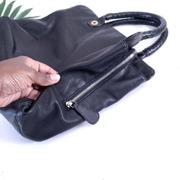 Elie Tahari Black Leather Shoulder Bag Braided Handle - Picture 7 of 11